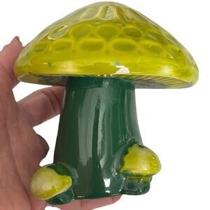Ceramic Mushroom Figurine Vintage 1960's 70's Groovy Kitschy Green Yellow FLAW